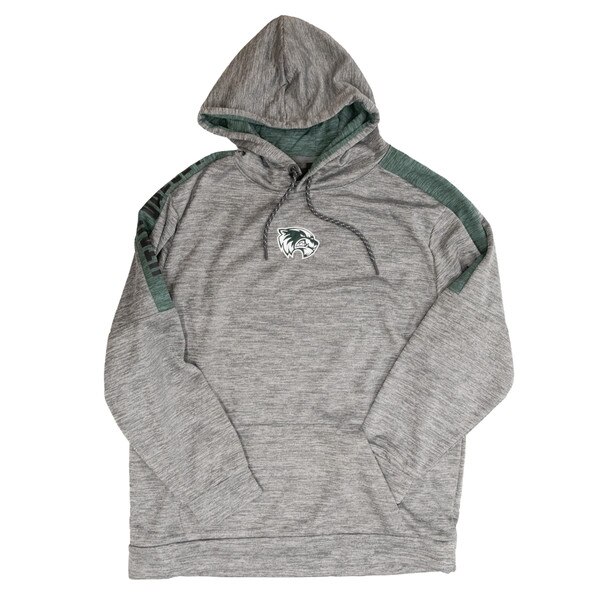 Grey heathered hood with green on both shoulders and an embroidered green and white wolverine logo on the front and "Utah Valley" running down the right arm